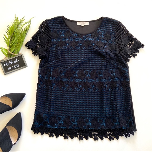 LOFT Tops - LOFT Black Blue Lace Crochet Overlay Cotton Top